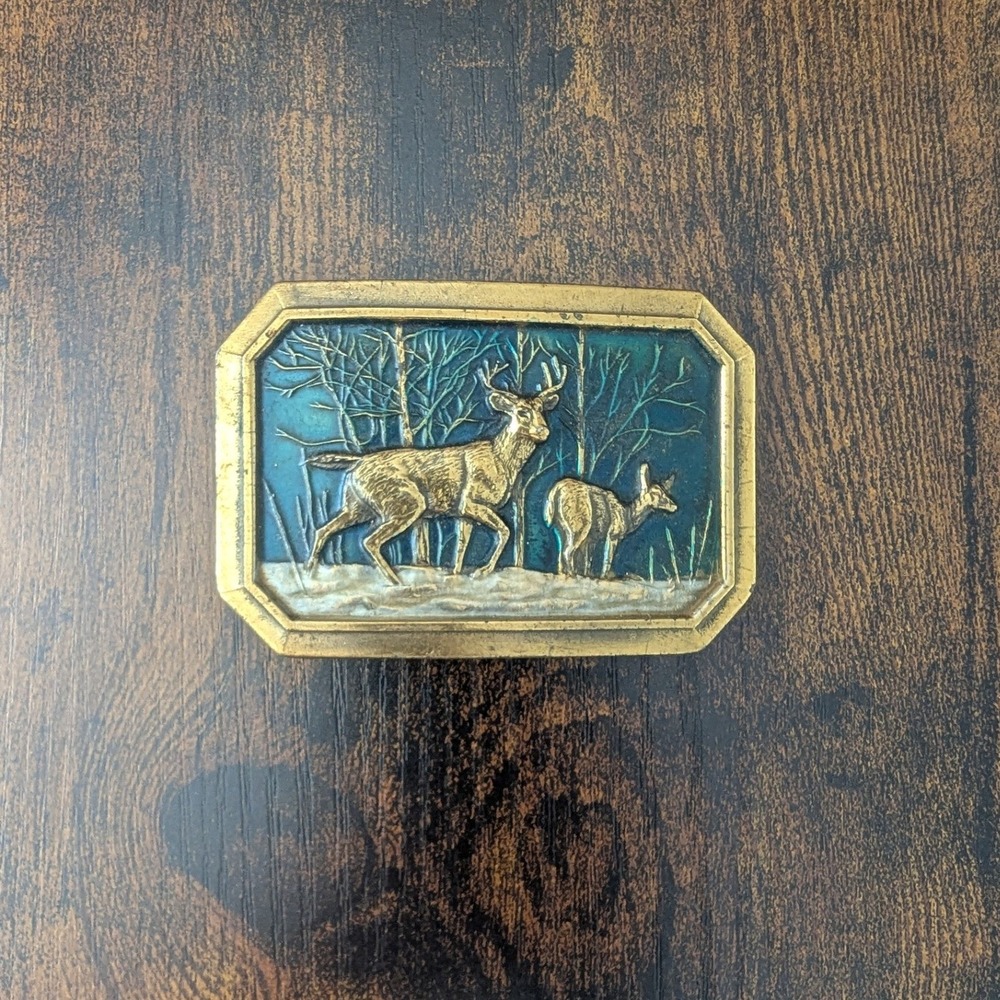 Vtg 1976 Great American Buckle Co Belt Buckle Gold Brass Deer Wildlife Rustic